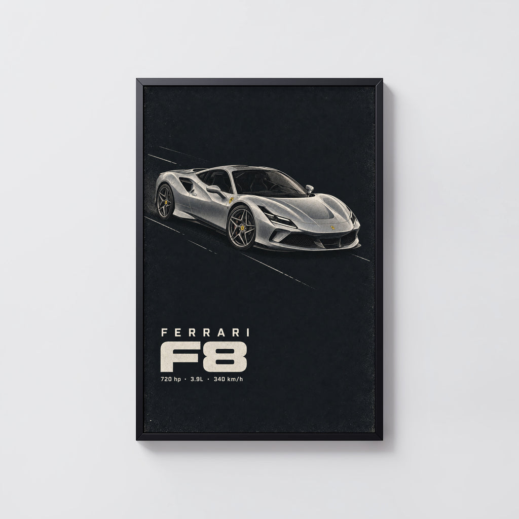 Vintage Ferrari F8 Print, Supercar Wall Art