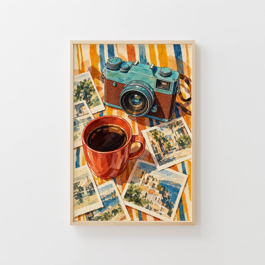Vintage Coffee Print Poster, Retro Camera Wall Art
