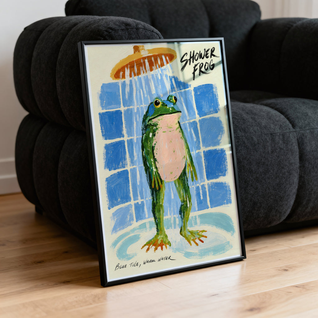 Vintage Shower Frog Print Poster, Bathroom Wall Art