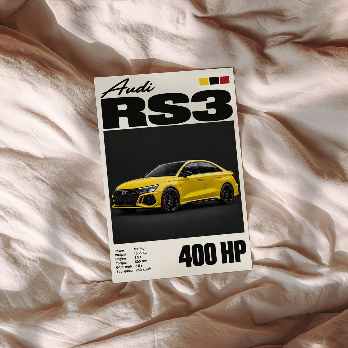 Vintage Audi RS3 Print, Yellow Car Wall Art