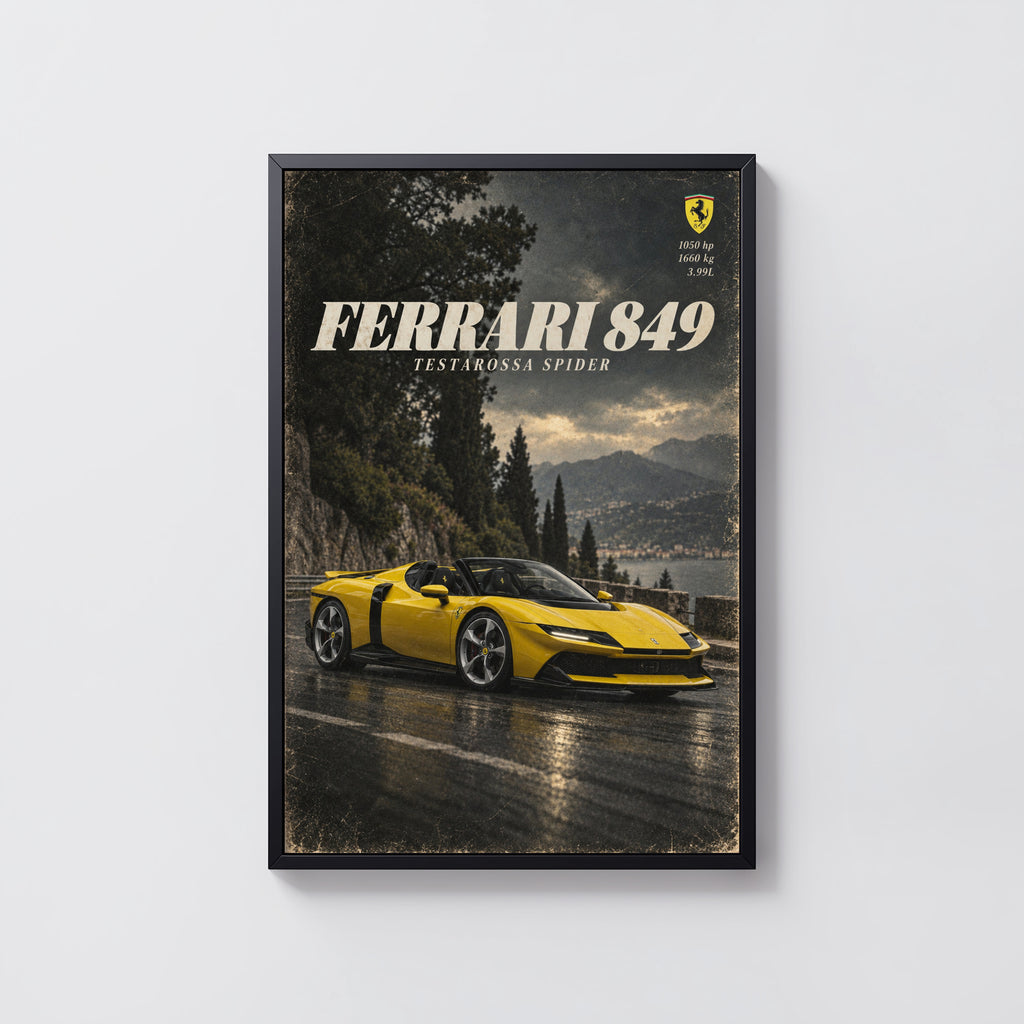Vintage Ferrari Print, Yellow Supercar Wall Art