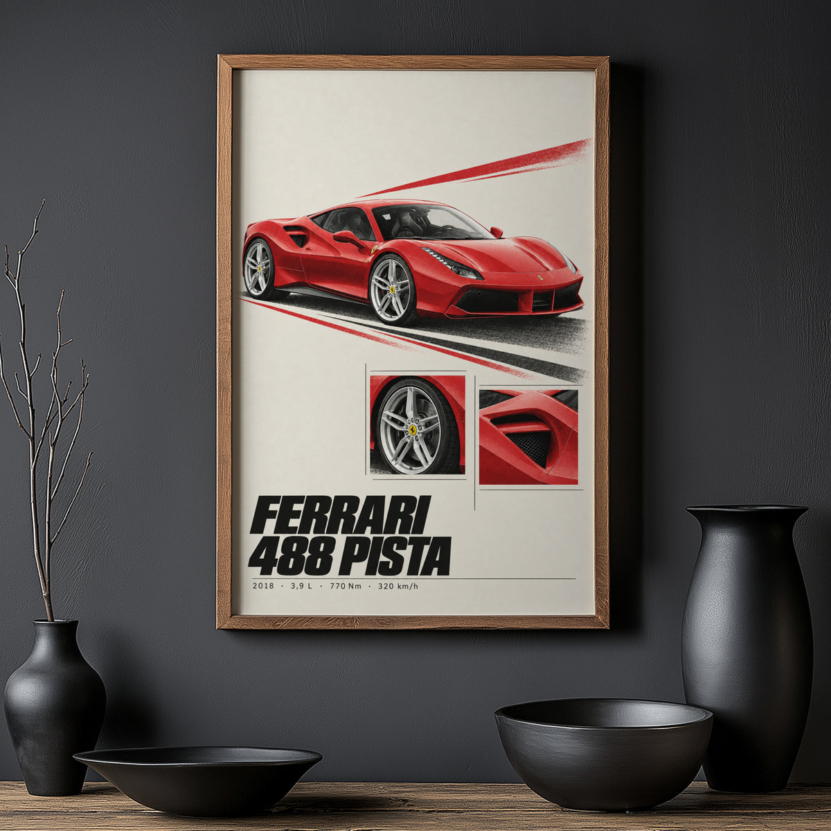 Vintage Ferrari 488 Pista Print, Supercar Wall Art