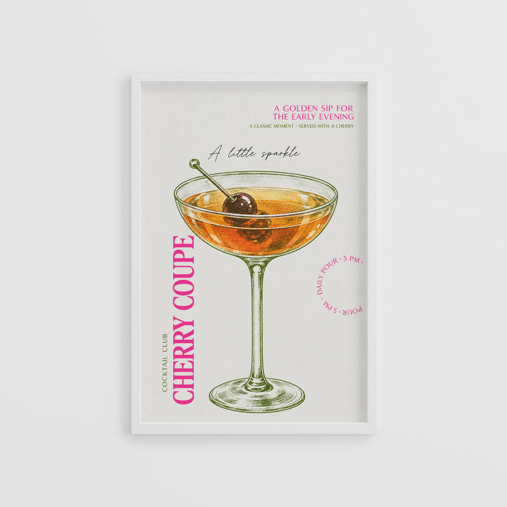 Vintage Cherry Coupe Cocktail Print Poster, Bar Wall Art