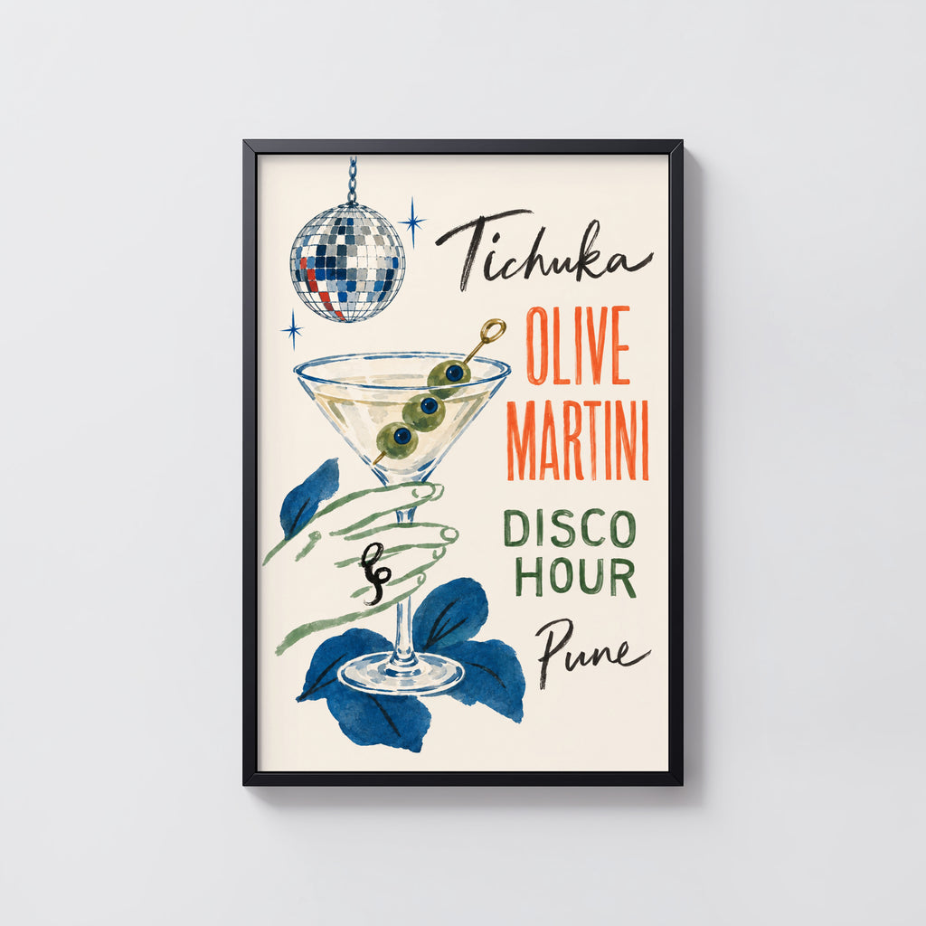 Vintage Olive Martini Print Poster, Disco Bar Wall Art