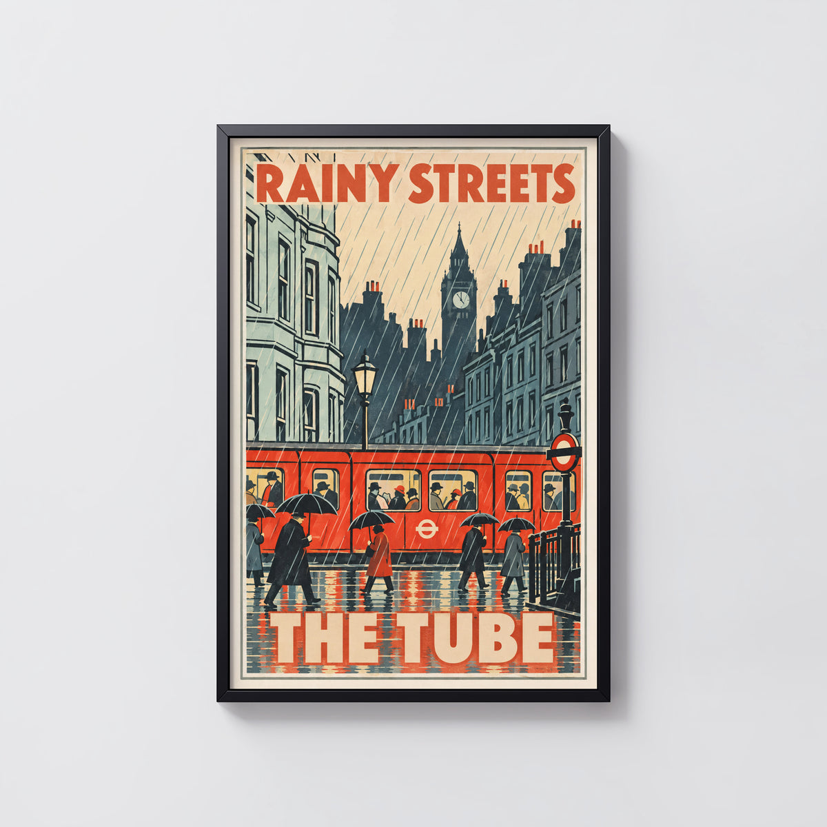 Vintage London Tube Poster, Rainy Streets Wall Art Print