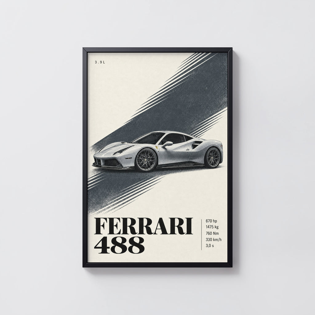 Vintage Ferrari 488 Print, Supercar Poster Wall Art