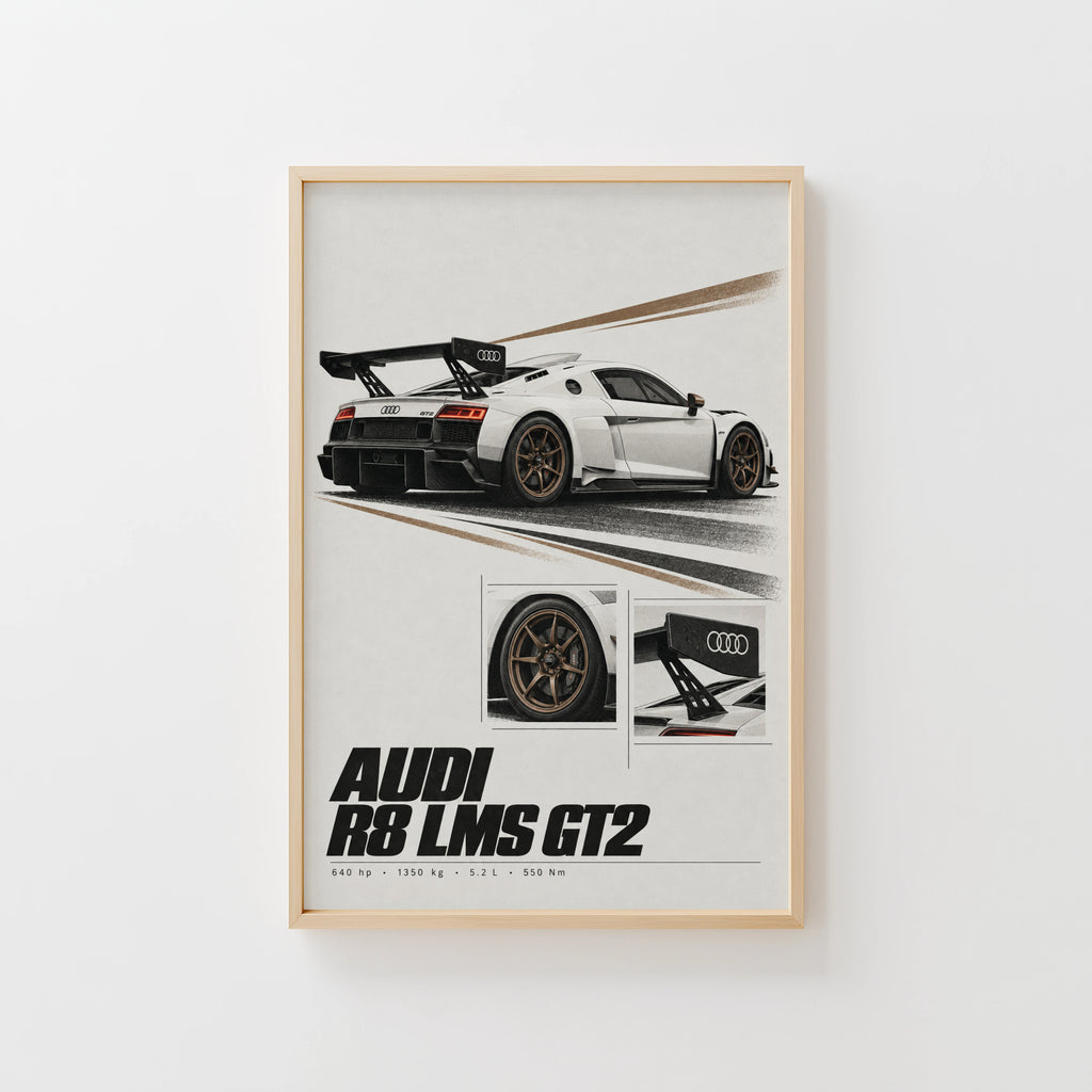 Vintage Audi R8 LMS GT2 Print, Racing Car Wall Art