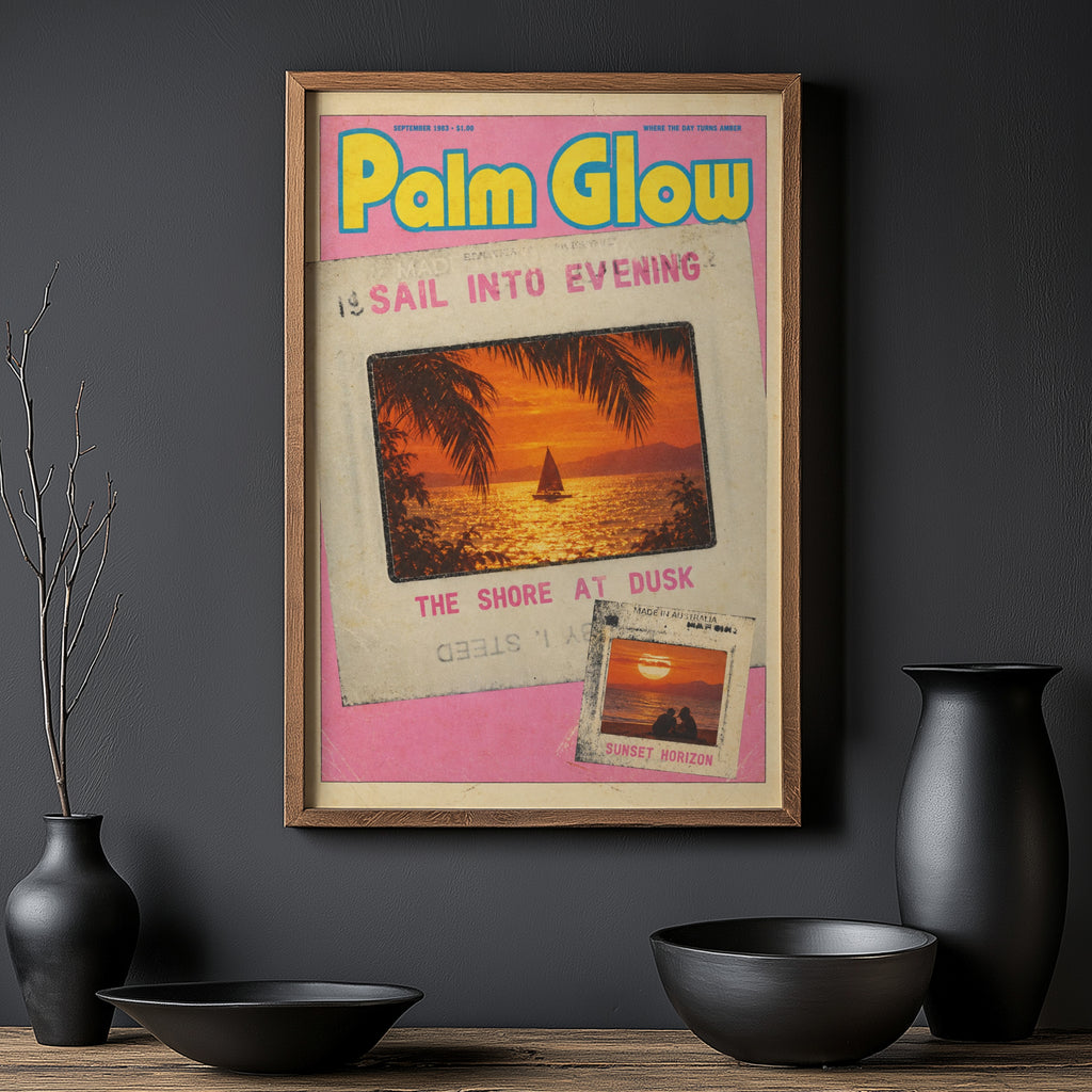 Vintage Palm Glow Print and Poster, Sunset Sailboat Art