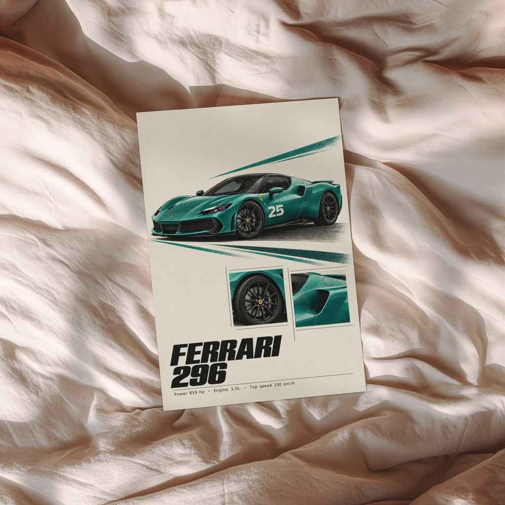Vintage Ferrari 296 Print, Teal Supercar Wall Art