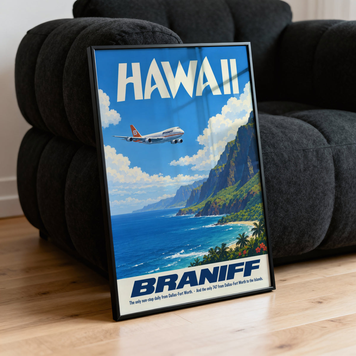 Vintage Hawaii Poster, Braniff 747 Wall Art, Airline Print