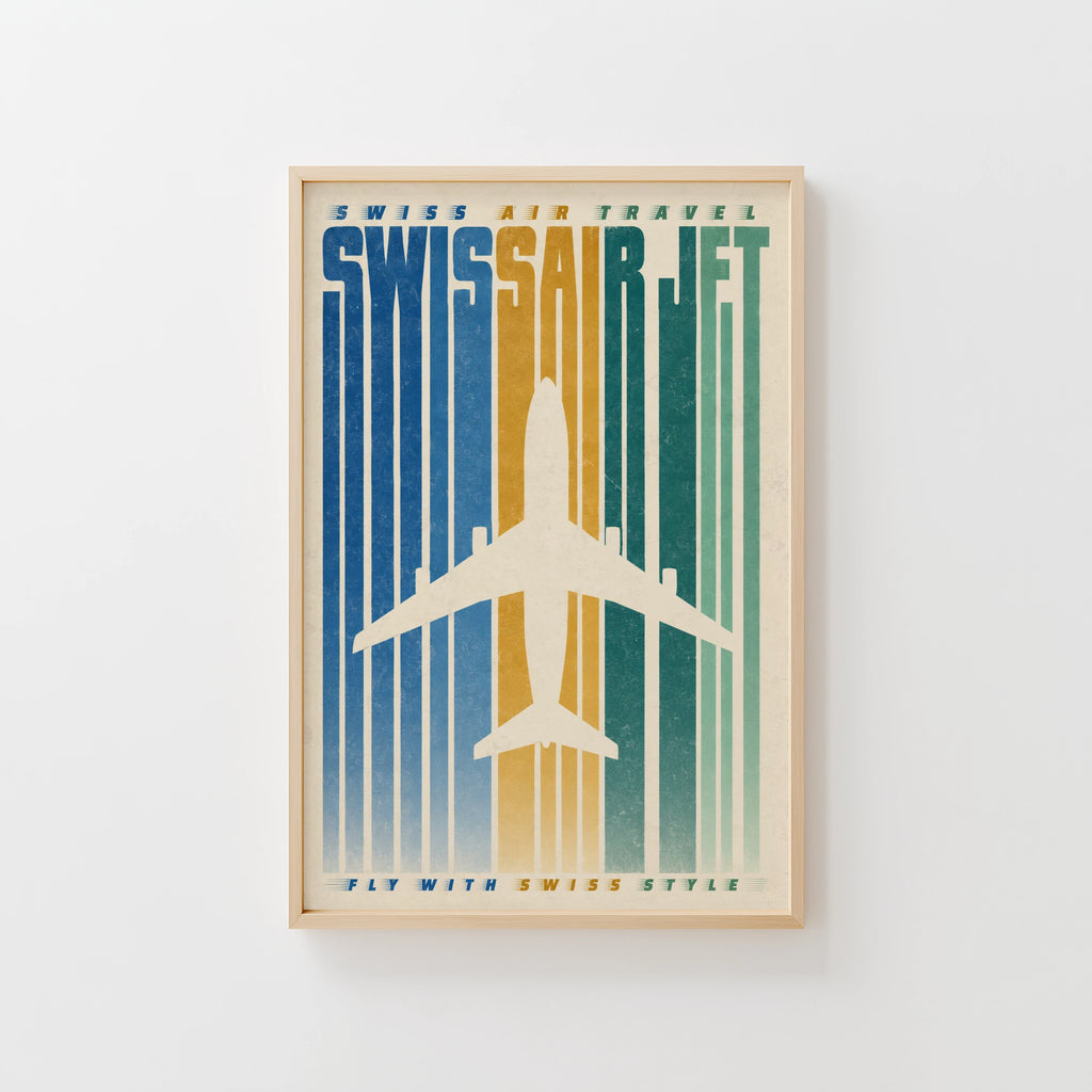 Vintage Swissair Jet Poster, Retro Aviation Wall Art, Print
