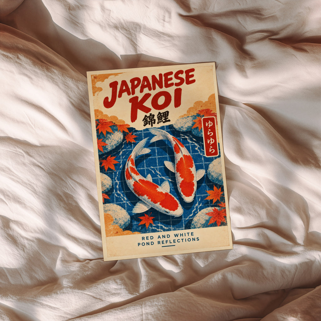 Vintage Japanese Koi Print, Koi Fish Poster, Maple Leaves