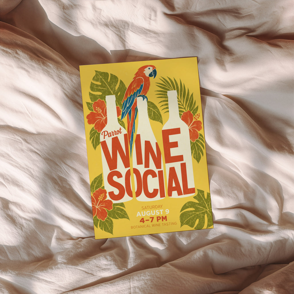 Vintage Wine Social Print Poster, Parrot Tropical Kitchen