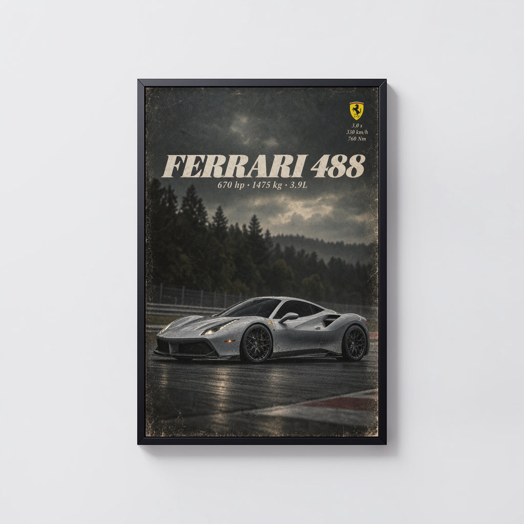 Vintage Ferrari 488 Print, Car Poster, Supercar Wall Art