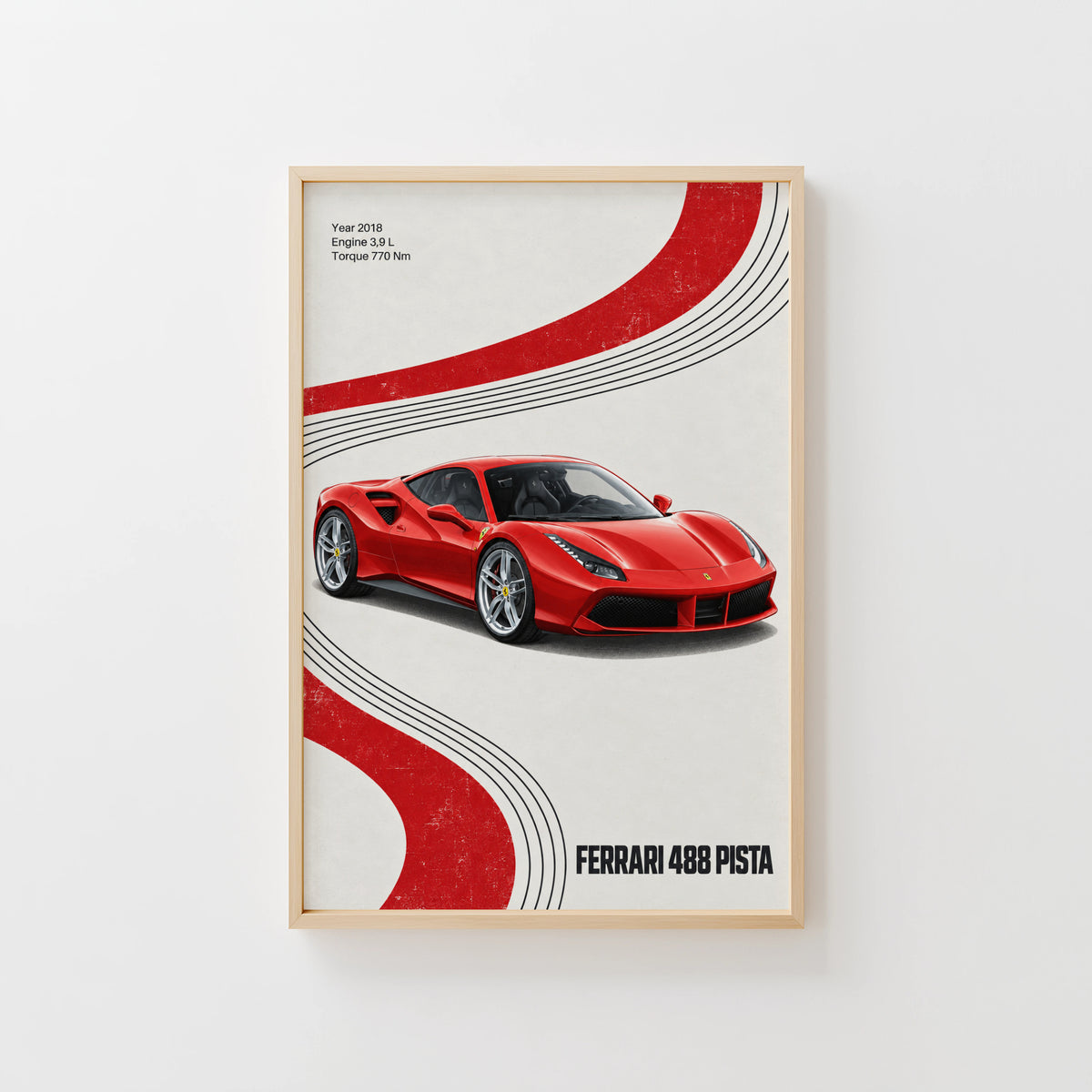 Vintage Ferrari 488 Pista Print, Red Supercar Art