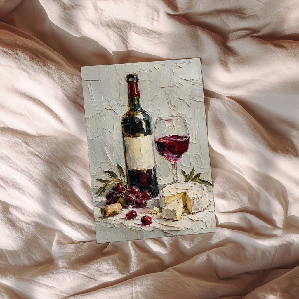 Vintage Wine Print Poster, Red Wine & Cheese Wall Art