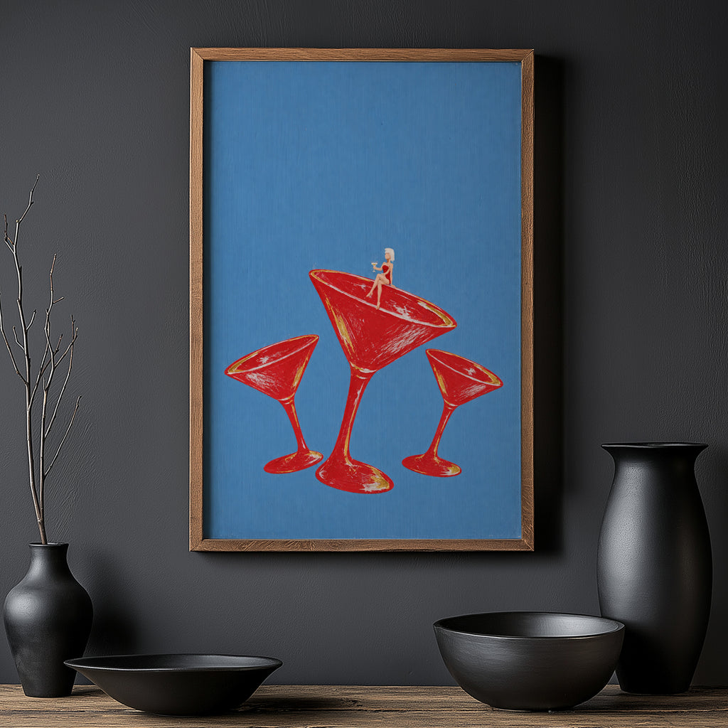 Vintage Cocktail Print Poster, Red Martini Glass Wall Art