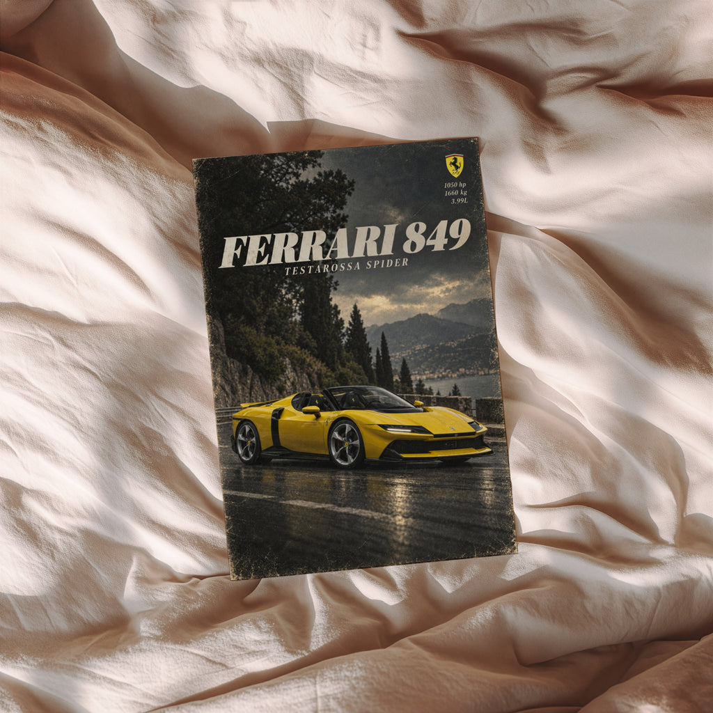 Vintage Ferrari Print, Yellow Supercar Wall Art