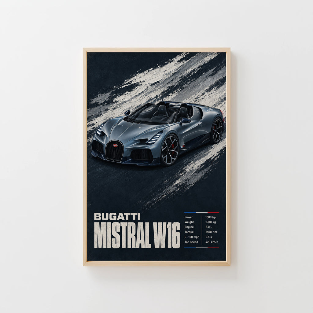 Vintage Bugatti Mistral W16 Print, Car Wall Art