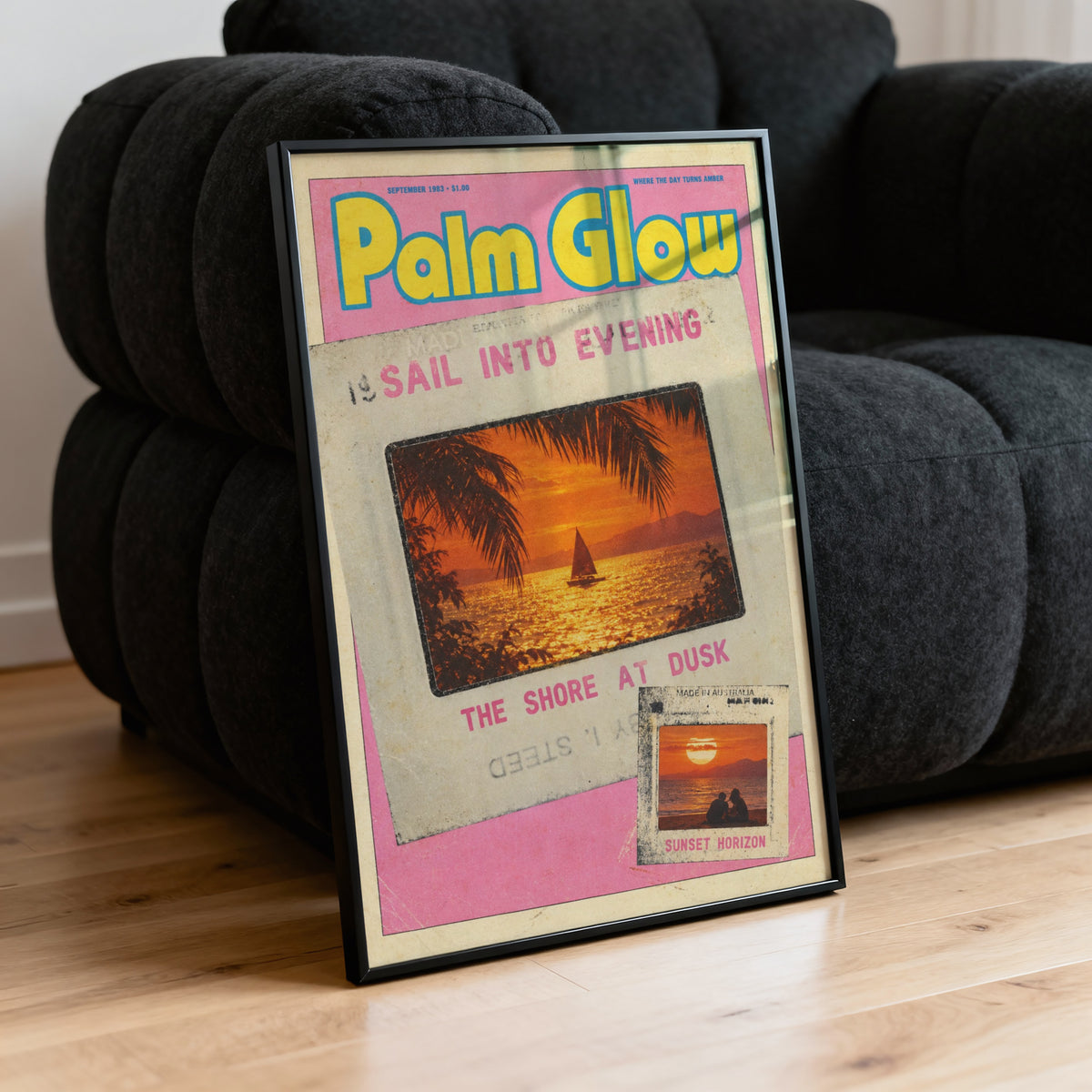 Vintage Palm Glow Print and Poster, Sunset Sailboat Art