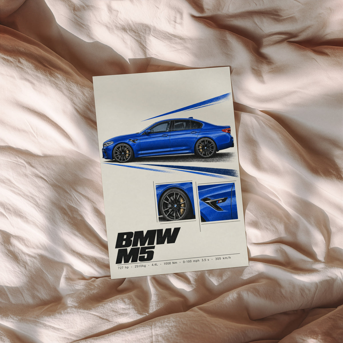 Vintage BMW M5 Print, Car Wall Art, Blue Sedan