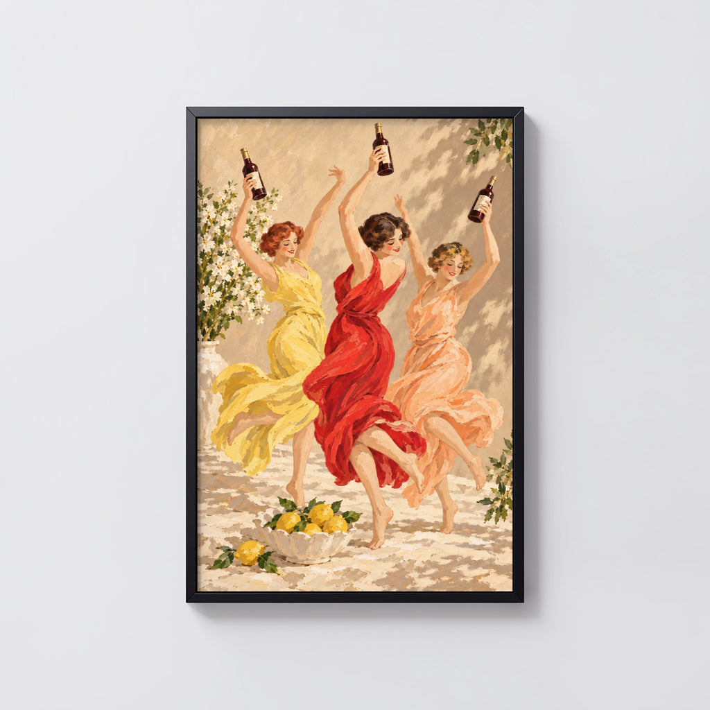 Vintage Print Poster, Dancing Women Wine Wall Art
