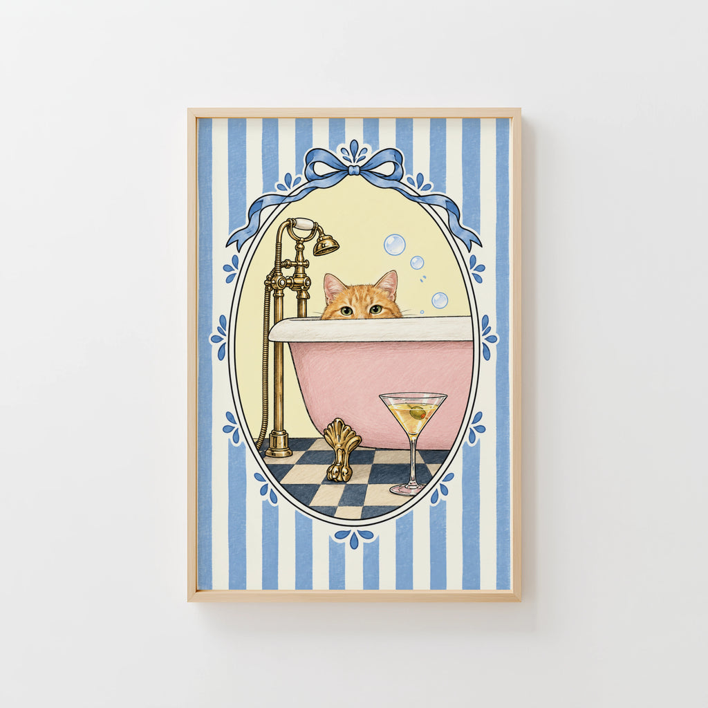 Vintage Cat Bathtub Print and Poster, Bathroom Wall Art