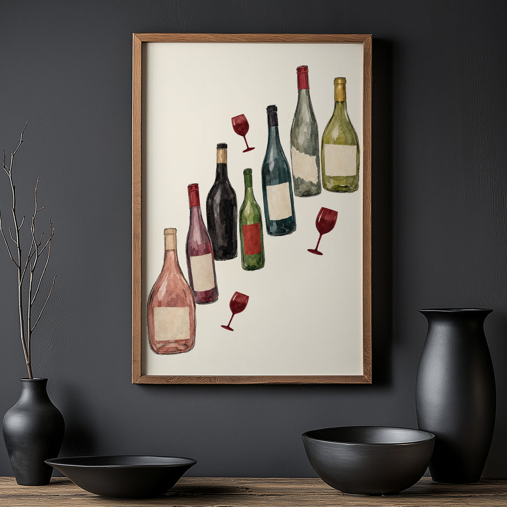 Vintage Wine Bottles Print Poster, Kitchen Wall Art