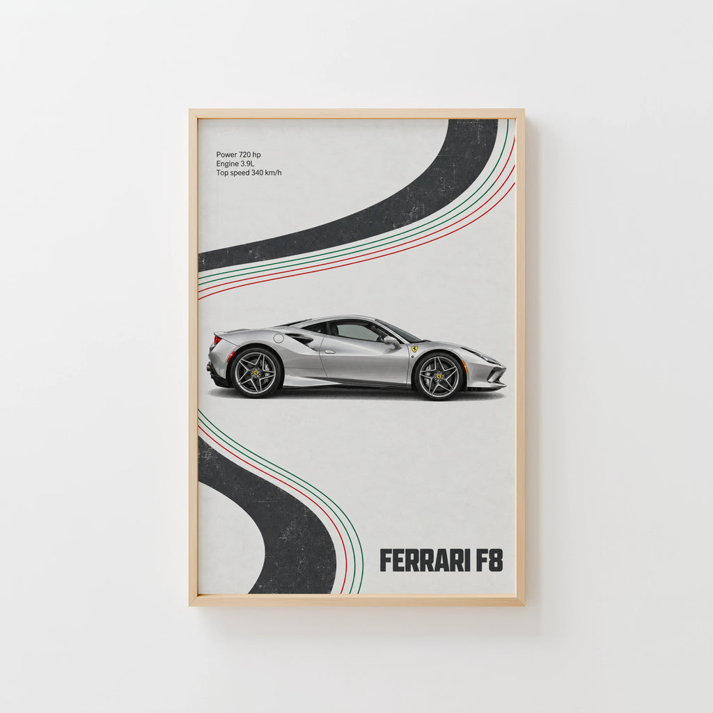 Vintage Ferrari F8 Print, Supercar Wall Art