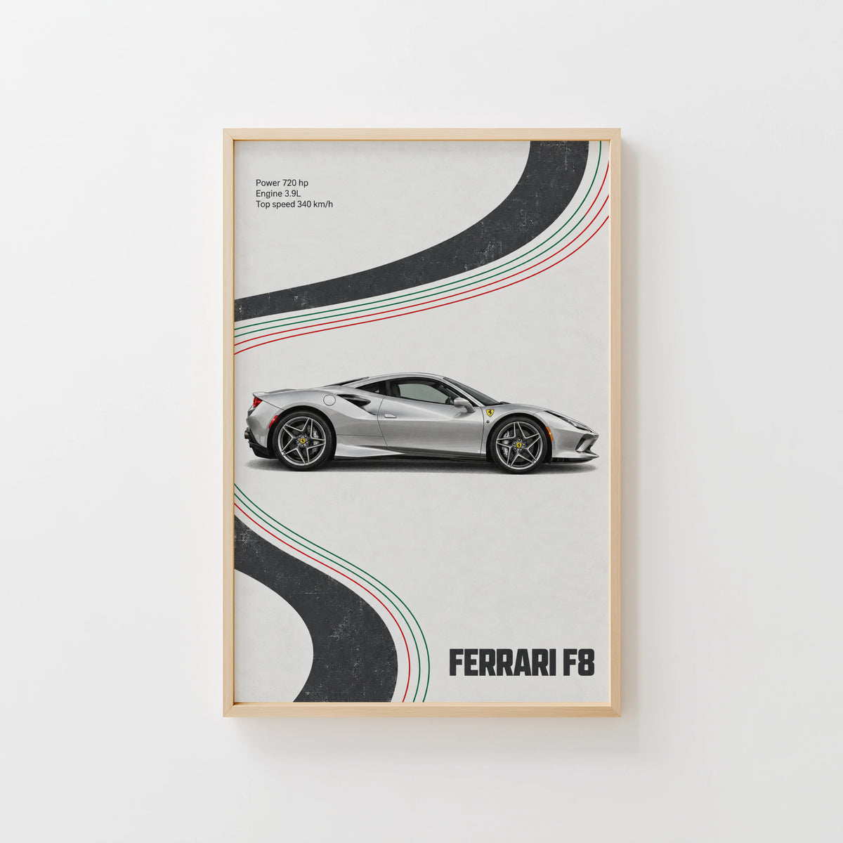 Vintage Ferrari F8 Print, Supercar Wall Art