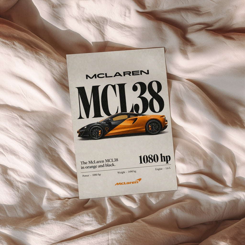Vintage McLaren MCL38 Print, Orange Supercar Art
