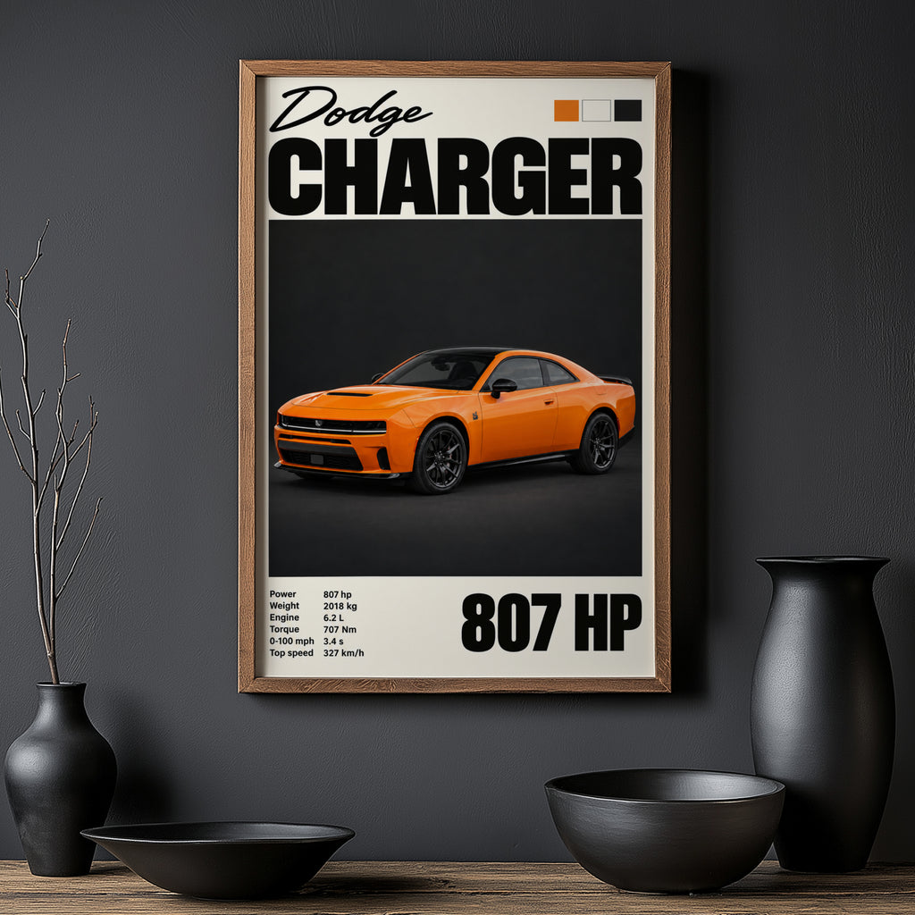 Vintage Dodge Charger Print, Muscle Car Wall Art