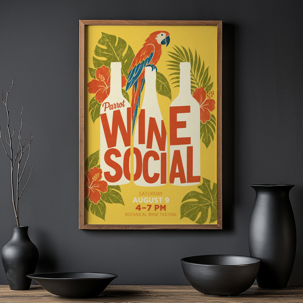 Vintage Wine Social Print Poster, Parrot Tropical Kitchen
