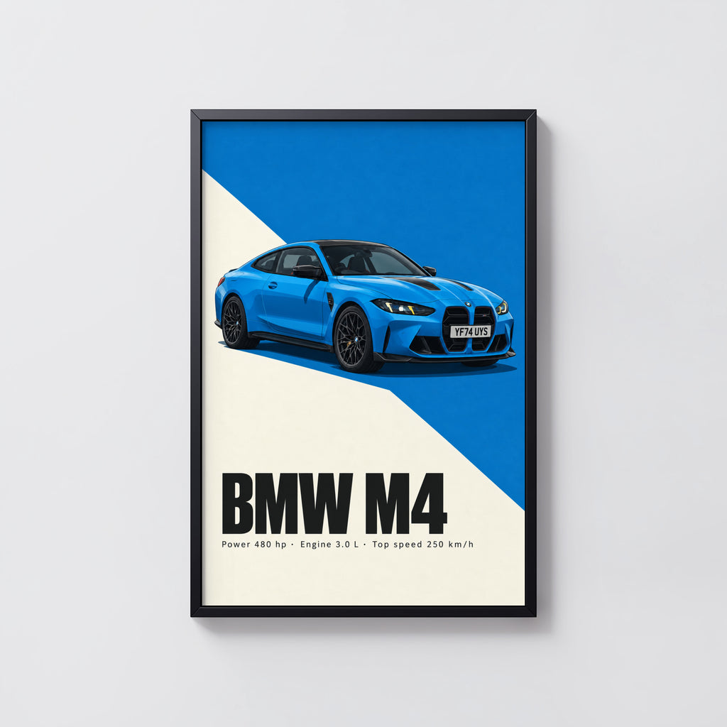 Vintage BMW M4 Print, Blue Car Wall Art