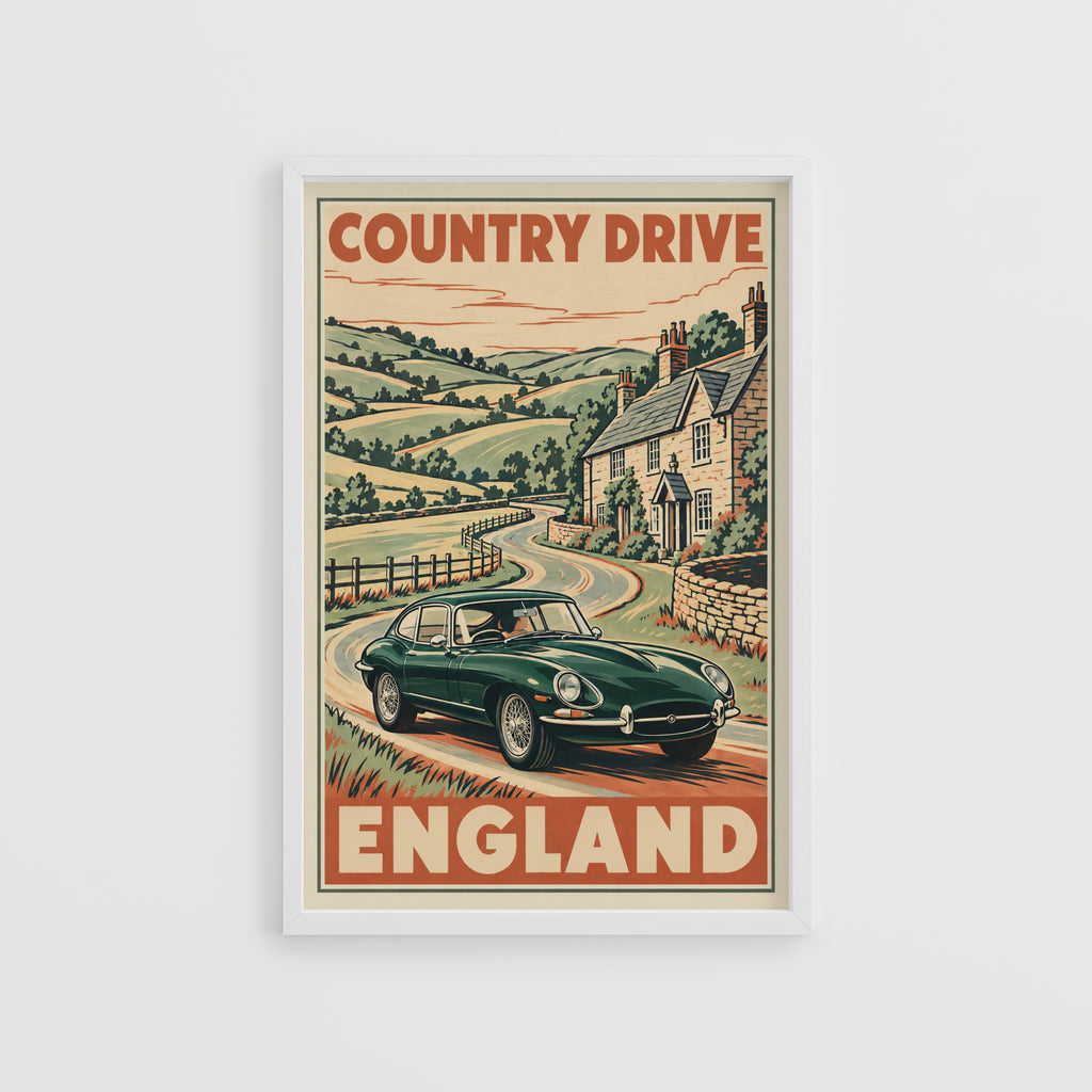 Vintage England Country Drive Poster, Classic Car Print