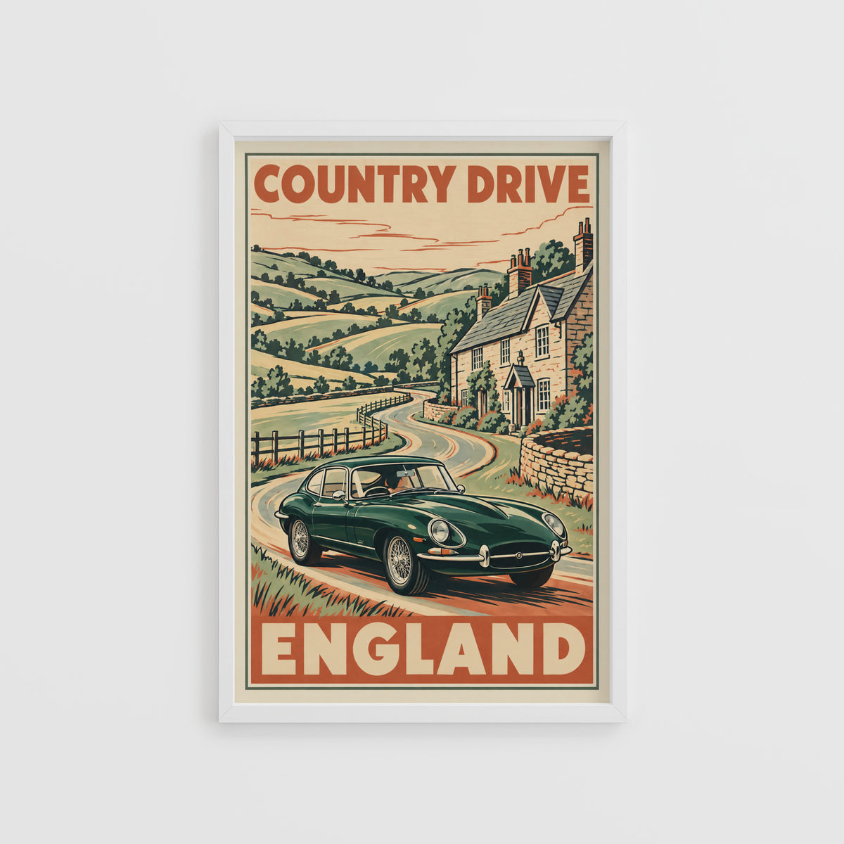 Vintage England Country Drive Poster, Classic Car Print