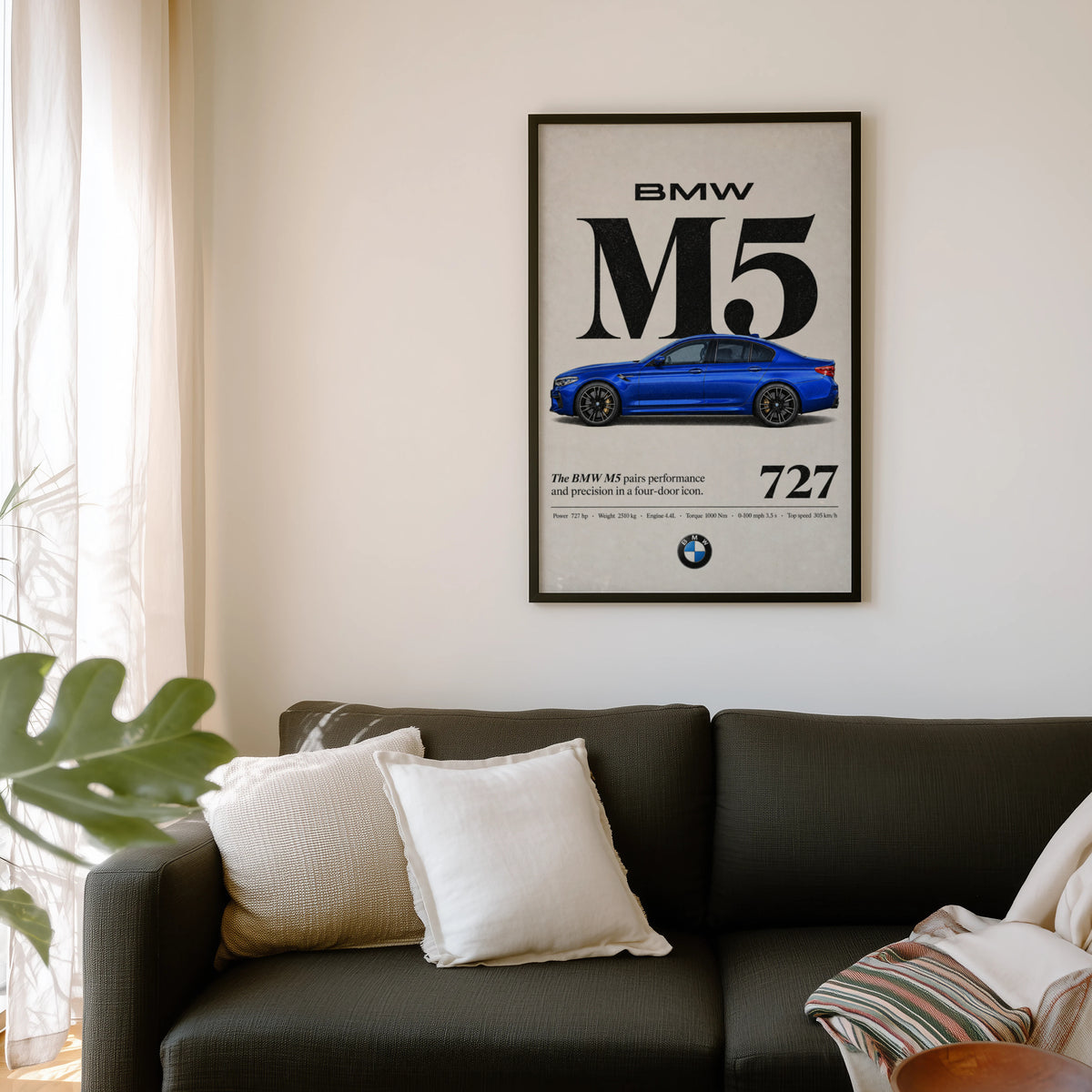 Vintage BMW M5 Print, Blue Sedan Car Wall Art