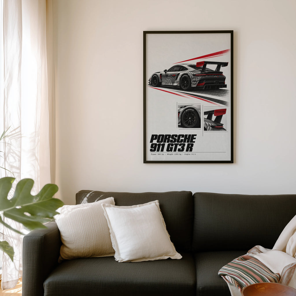 Vintage Porsche 911 GT3 R Print, Racing Car Art