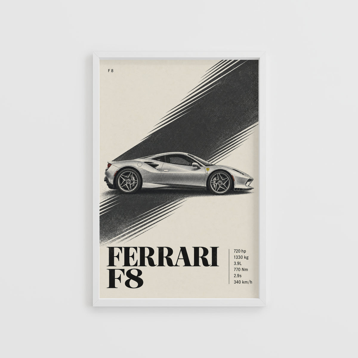 Vintage Ferrari F8 Print, Supercar Wall Art