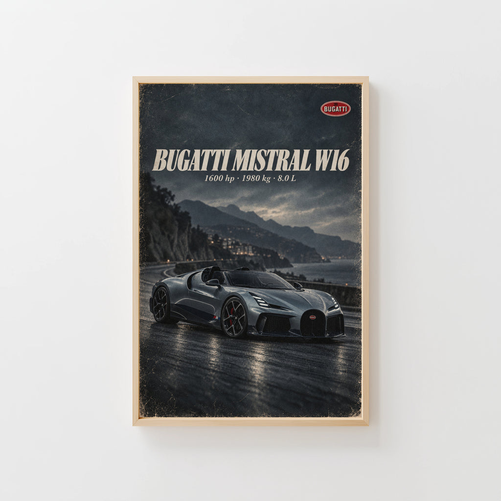 Vintage Bugatti Mistral W16 Print, Supercar Wall Art