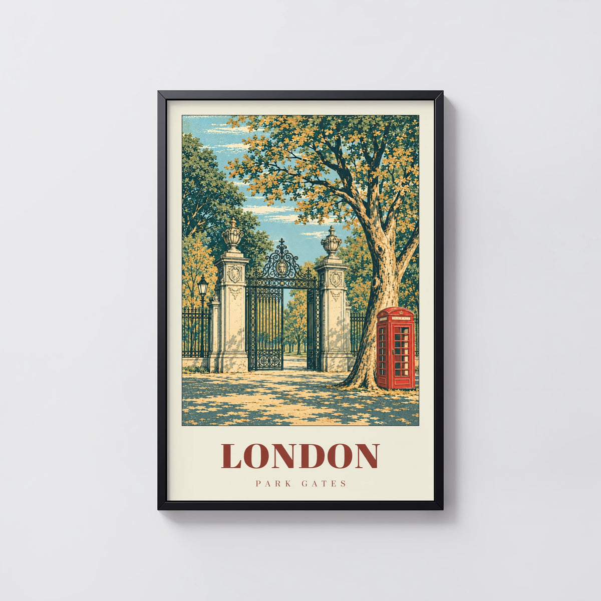 Vintage London Park Gates Poster, Red Phone Box Print