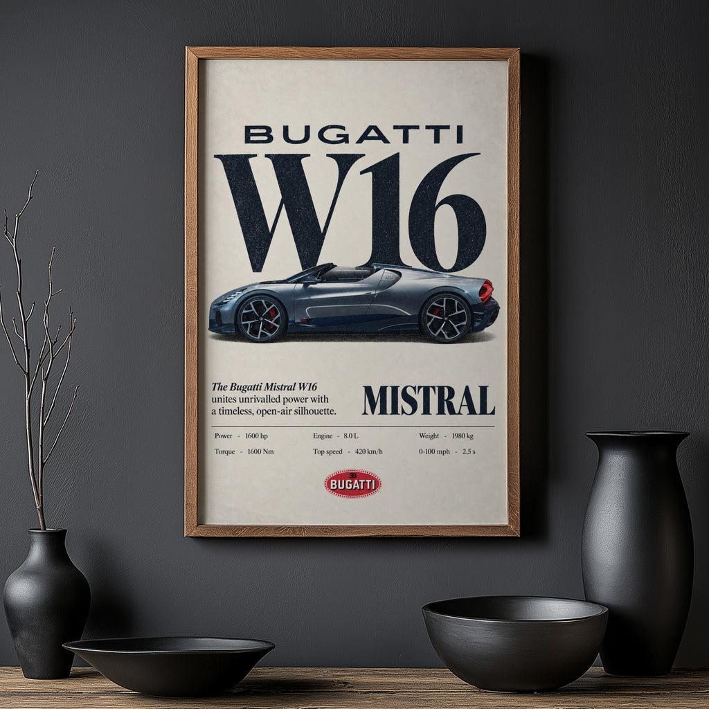 Vintage Bugatti W16 Mistral Print, Car Wall Art