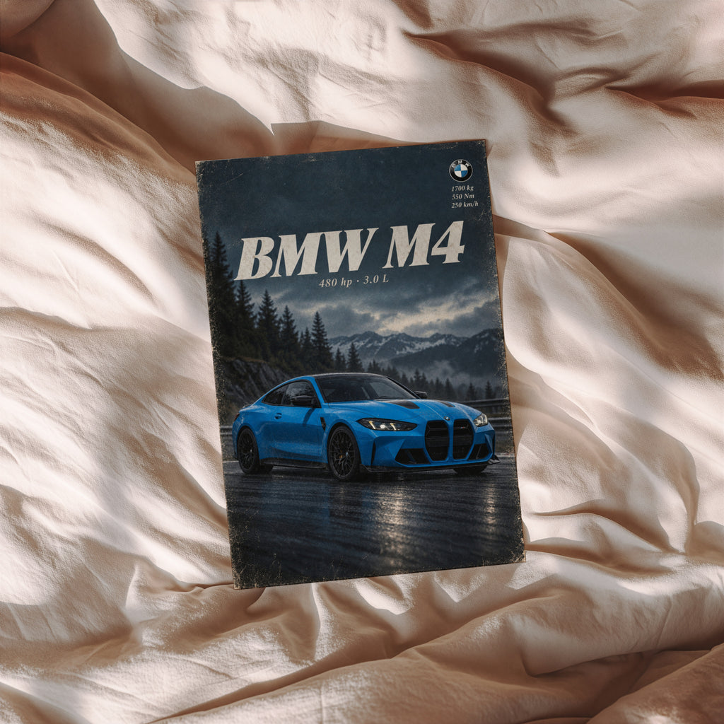 Vintage BMW M4 Print, Blue Coupe Car Wall Art