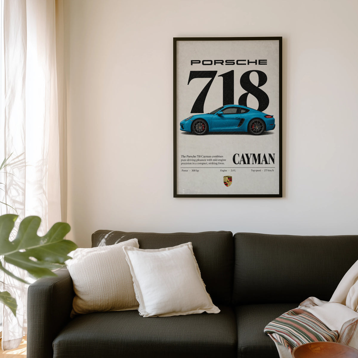Vintage Print, Porsche 718 Cayman Blue Car Art