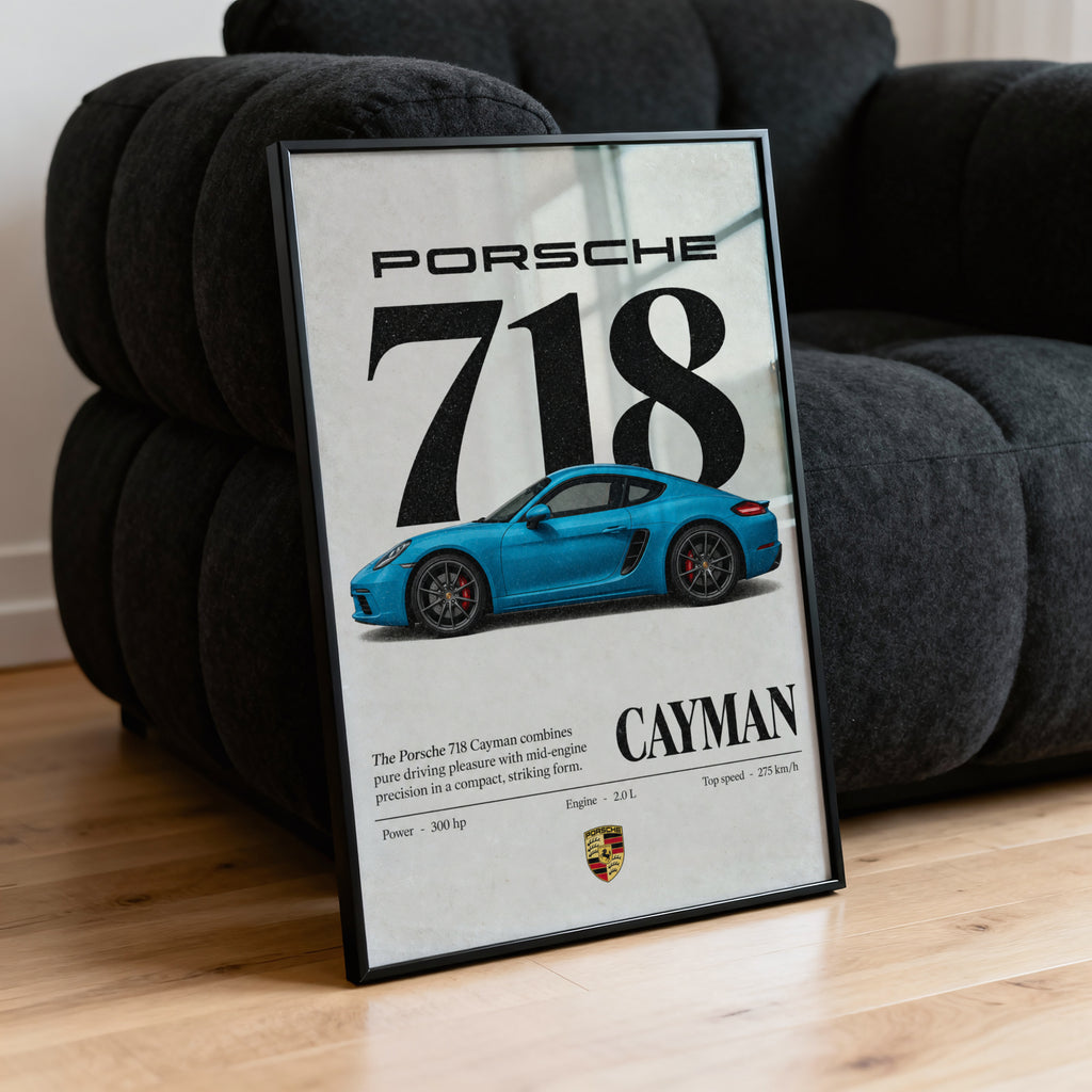 Vintage Print, Porsche 718 Cayman Blue Car Art