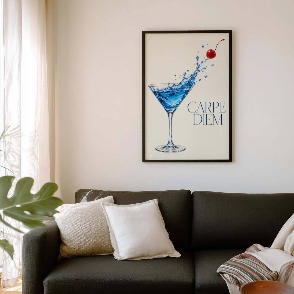 Vintage Cocktail Print Poster, Blue Martini Wall Art