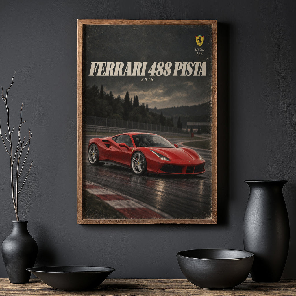 Vintage Ferrari 488 Pista Print, Supercar Wall Art