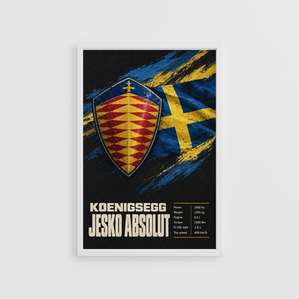 Vintage Koenigsegg Jesko Absolut Print, Swedish Flag