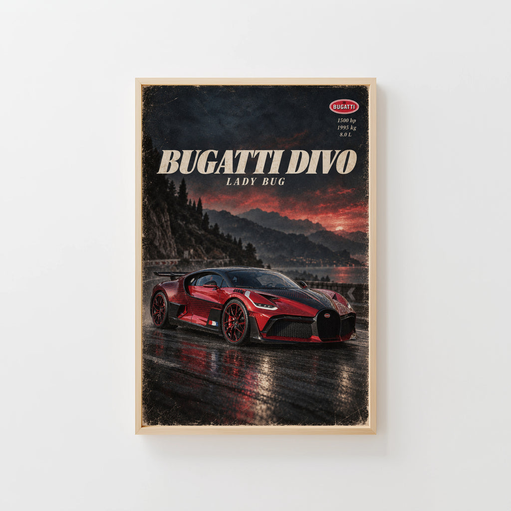 Vintage Bugatti Divo Print, Red Hypercar Wall Art