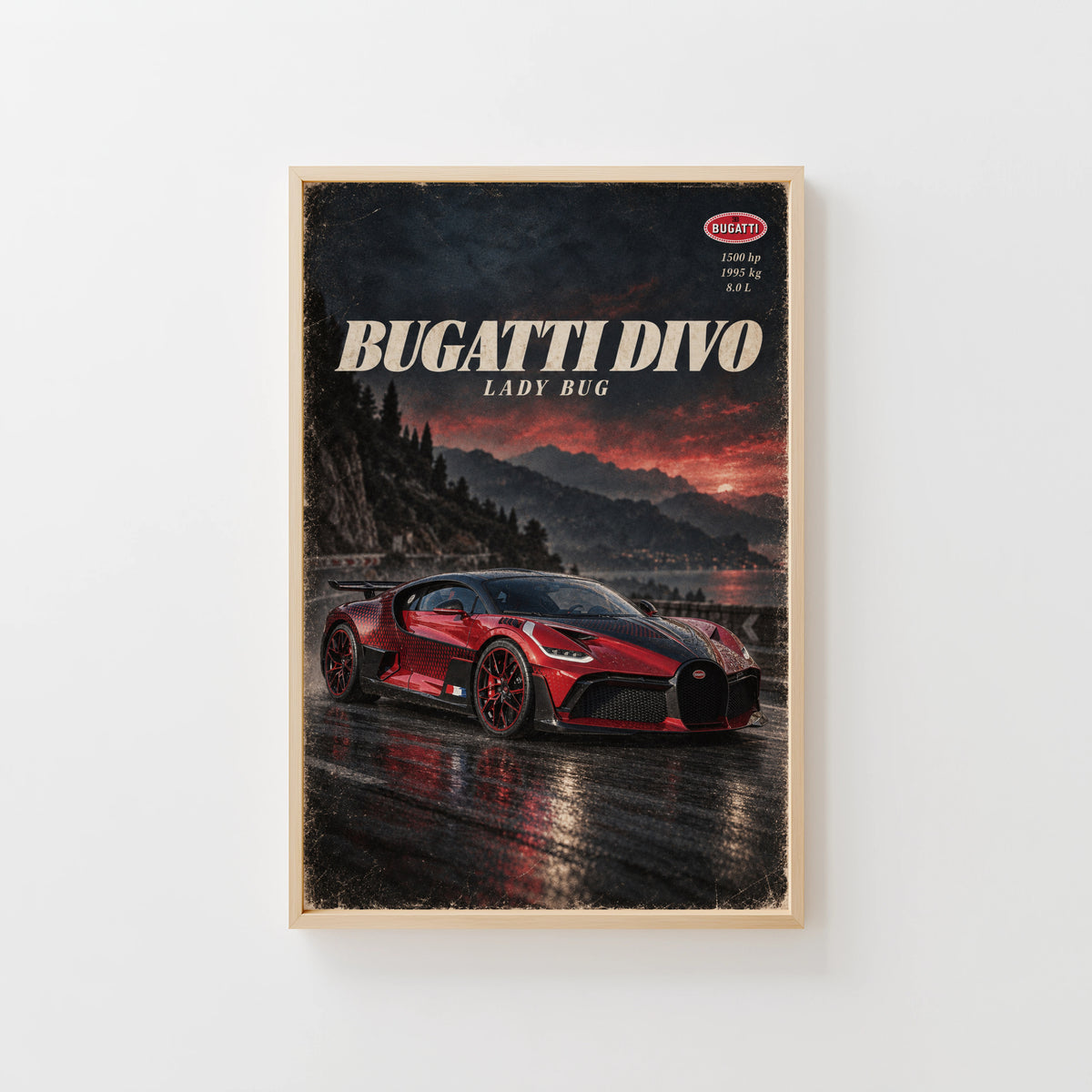 Vintage Bugatti Divo Print, Red Hypercar Wall Art